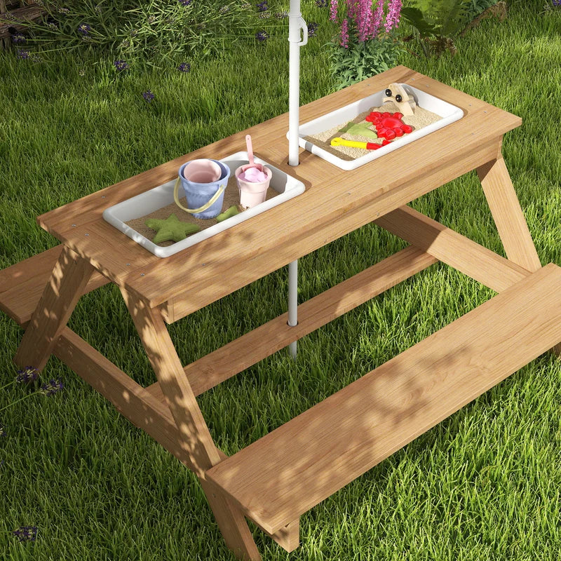 Wooden Outdoor Kids Picnic Table with Removable Umbrella